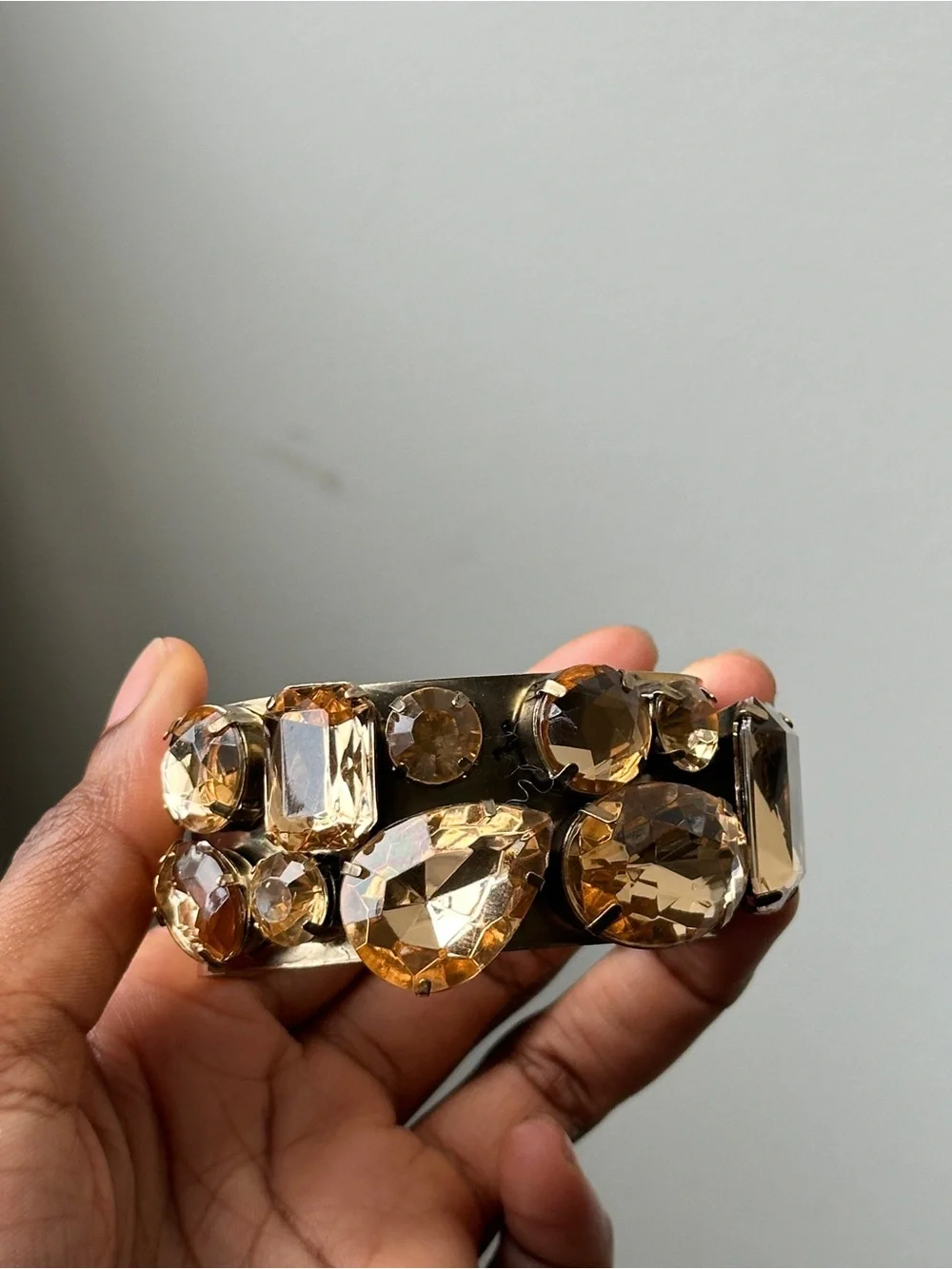Gold Tone Champagne Rhinestone Wide Cuff Bracelet Statement Costume Jewelry